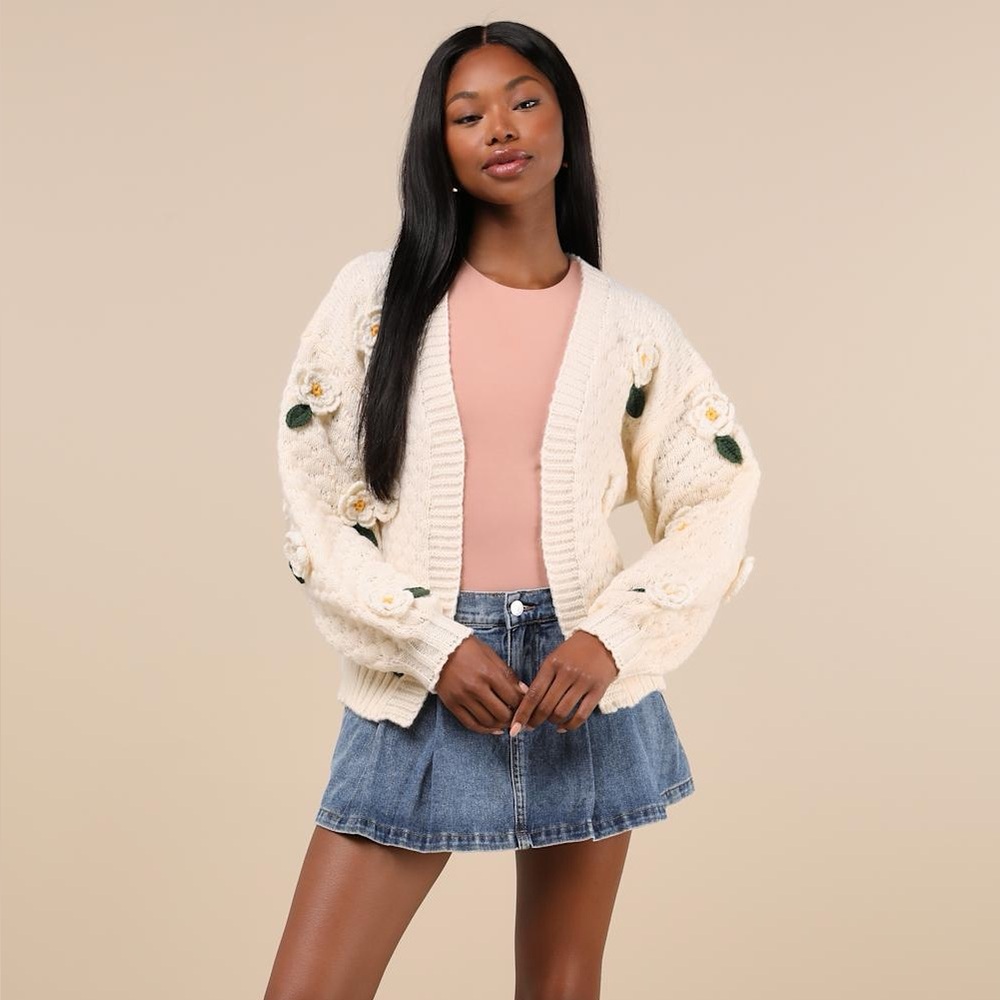 NWT Lulus Chosen Charm Cream Knit Floral Embroidered Cardigan - Picture 4 of 9